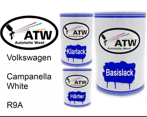 Volkswagen, Campanella White, R9A: 500ml Lackdose + 500ml Klarlack + 250ml Härter - Set, von ATW Autoteile West.